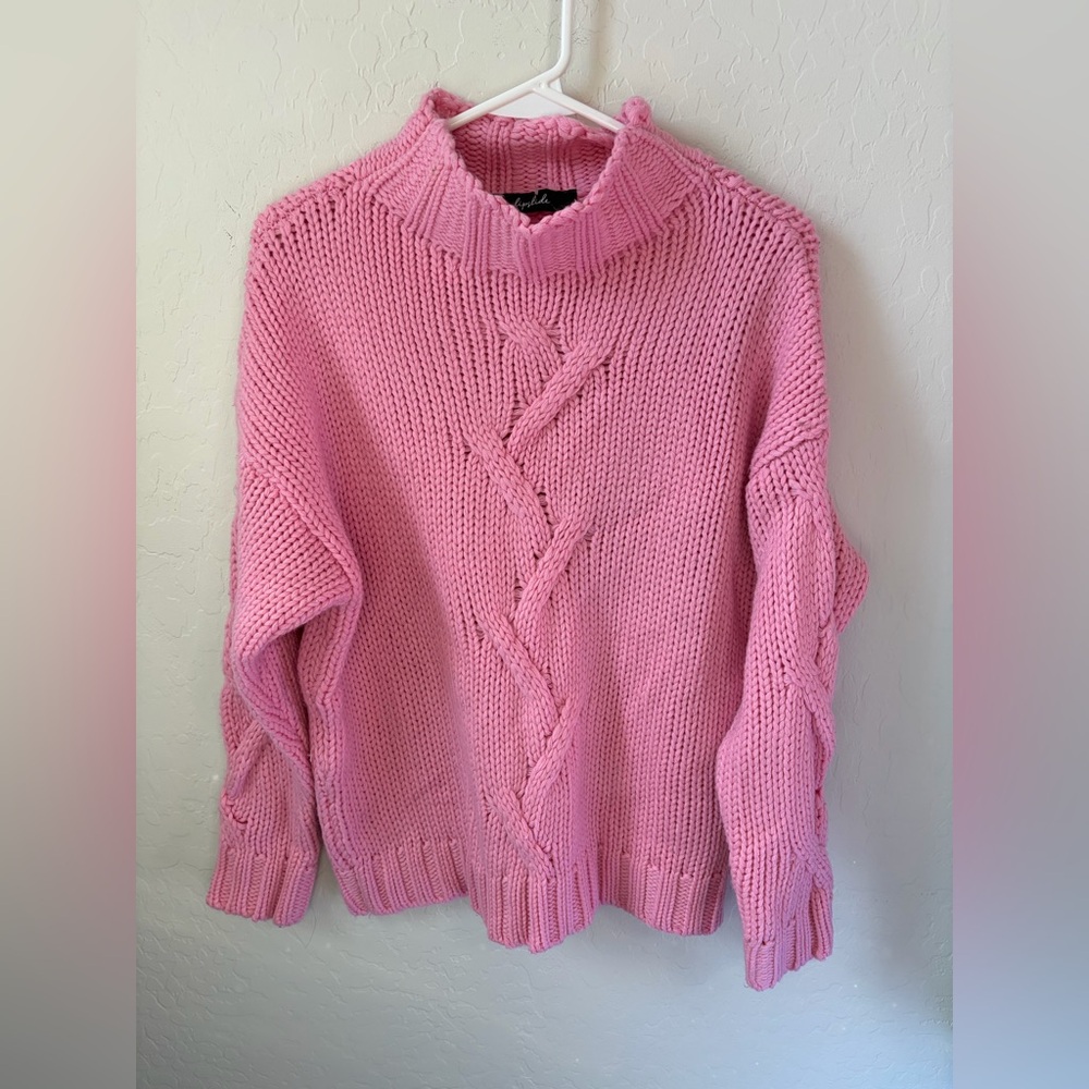 Cozy Pink Cable Knit Turtleneck Sweater